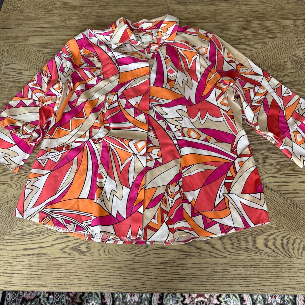 Chicos No-Iron Abstract Geometric Button Down Shirt Pink Orange 3/4 Sleeve 3 XL - Picture 3 of 12